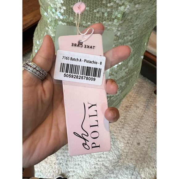Oh Polly Orion Sheer Sequin Asymmetric Cut Out Mini in Pistachio Green US 4 - Picture 6 of 7